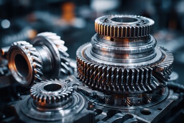 High-quality photo of disassembled car automatic transmission gears in workshop. Engineering, mechanical design, auto part service. Tech machine component concept, mechanical.