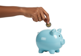 Saving money tips hand inserting coin into piggy bank home financial management indoor budgeting strategies. Cut out png