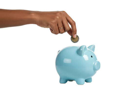 Saving money tips hand inserting coin into piggy bank home financial management indoor budgeting strategies. Cut out png