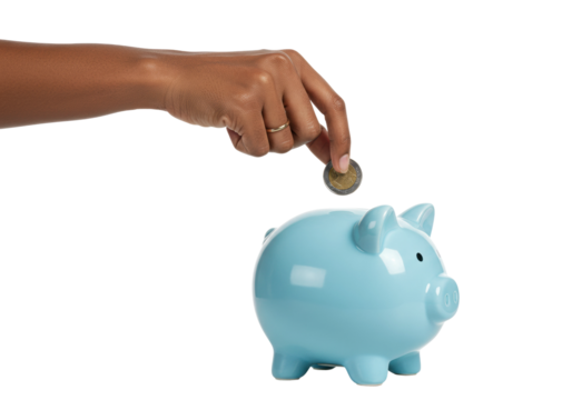 Saving money tips hand inserting coin into piggy bank home financial management indoor budgeting strategies. Cut out png