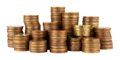 Investing in wealth stacked coins display financial market high-quality studio setting economic growth. Cut out png
