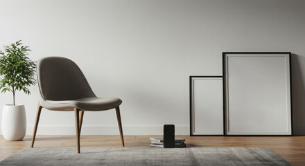 Modern Gray Chair with Plant and Geometric Art in Minimalist Home Interior