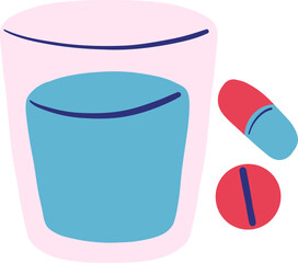 Flat Style Glass of Water with Capsules