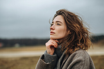 Gazing Thoughtful Woman Upward in Serene Outdoor Setting