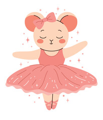 Cute mouse ballerina dancing ballet. Flat vector illustration.