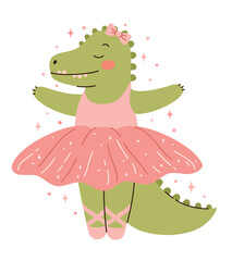 Cute crocodile ballerina dancing ballet. Flat vector illustration.