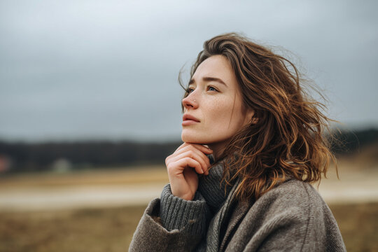 Gazing Thoughtful Woman Upward in Serene Outdoor Setting - Powered by Adobe