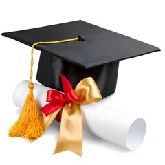 An academic mortarboard and diploma scroll with a bow rest to celebrate the successful achievement of educational goals against a plain isolated white background.