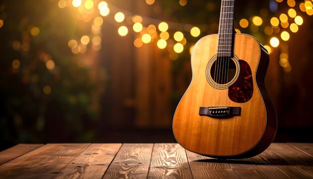 Acoustic guitar rests on a rustic wooden table with soft, glowing st lights creating a warm and inviting atmosphere, perfect for musical inspiration and relaxation.