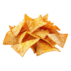 A heap of crispy triangular tortilla chips on black background