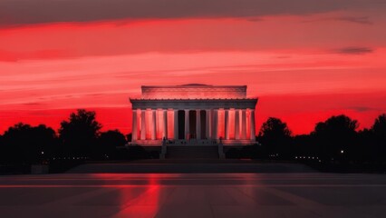 Obraz premium Lincoln Memorial Bathed in a Surreal Crimson Glow at Twilight.