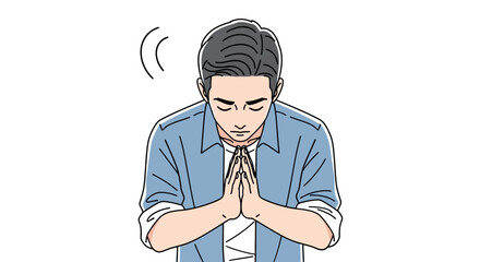 A young man bowing with clasped hands in a gesture of apology, prayer, or gratitude. Minimalist vector illustration of a person showing remorse.