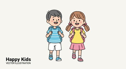 Happy cartoon students, a boy and girl, walking together with backpacks. Back to school vector illustration concept.