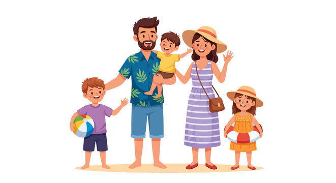 Happy cartoon family of five on a summer beach vacation, parents with children enjoying a trip together. Vector illustration concept.