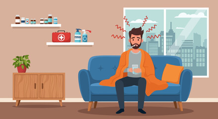 Sick man with fever and headache sitting on sofa under a blanket at home. Vector illustration of illness concept.