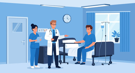 Doctor and Nurse Consulting with Patient in Hospital Room Illustration
