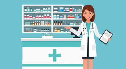 Female pharmacist doctor at the pharmacy counter with medicine shelves. Healthcare and medicine concept in a flat vector illustration style.
