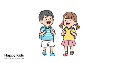Happy cartoon boy and girl students walking to school together with backpacks. Cute vector illustration of children friendship.