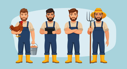 A collection of cartoon farmer characters in various poses. An agricultural worker set with a chicken, eggs, and a pitchfork.