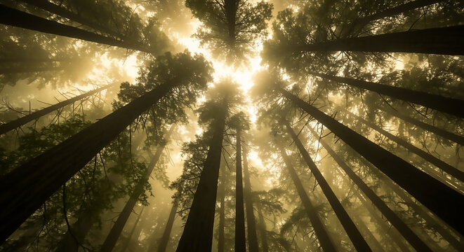 Ethereal glow of dappled sunlight filtering through a misty canopy of tall ancient trees in a serene forest.