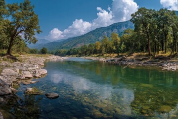 High-quality photo of panorama of kosi river in jim corbett national park india.
