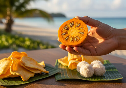 Hand Holding Fresh Pandanus Fruit with Nauruan Snacks on Tropical Beach