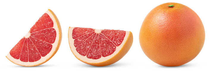 Grapefruit isolated. Pink grapefruit with slices. Whole grapefruit and slice on white. Grapefruit...
