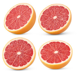 Grapefruit half set isolated. Clipping path grapefruit. Grapefruit halves collection cut out.