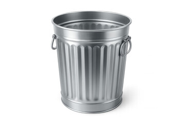 Classic cylindrical metal trash can with handles, empty and ready for disposal, on a transparent background