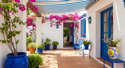 Vibrant Mediterranean Courtyard with Bougainvillea and Blue Accents