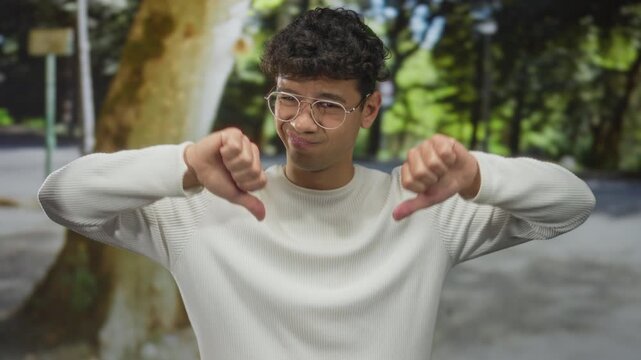 Man wearing glasses and white sweater shows thumbsdown gesture with both hands on street; disapproval reaction.