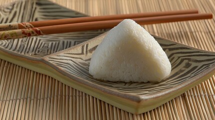 Handcrafted Plate Featuring Onigiri and Chopsticks on a Bamboo Mat