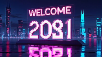 Neon Cityscape Welcoming 2091 A Vision of the Future, Featuring Illuminated Skylines and Futuristic Glow