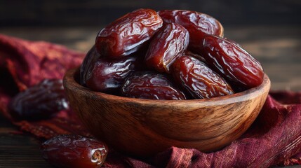 Stunning photo of copy space, Delicious medjool dates in a bowl on a wooden table, closeup view. Cloth napkin with date fruits. Traditional Arabic healthy food for breaking the.
