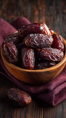 Stunning photo of copy space, Delicious medjool dates in a bowl on a wooden table, closeup view. Cloth napkin with date fruits. Traditional Arabic healthy food for breaking the.