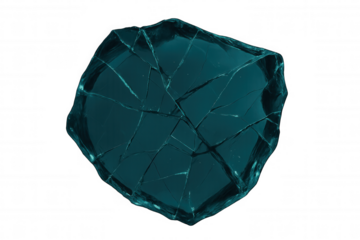 Teal shattered glass on a transparent background, creating a visual representation of destruction, damage, and brokenness