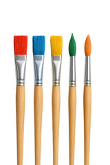 Naklejka premium Collection of Five Assorted Paintbrushes with Vibrant Bristles and Natural Wood Handles, Arranged in a Row