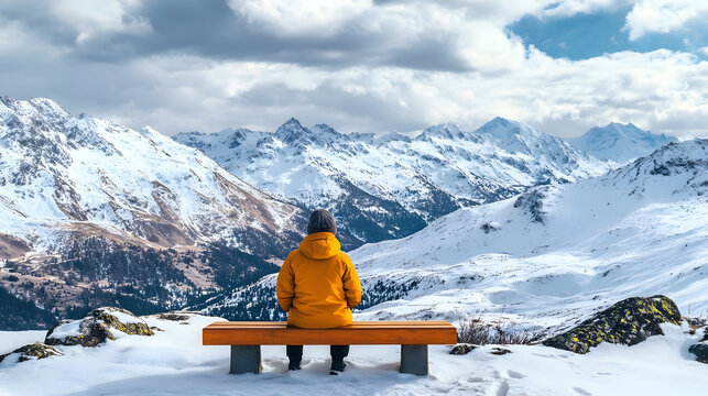 Person sitting on bench in snowy mountains