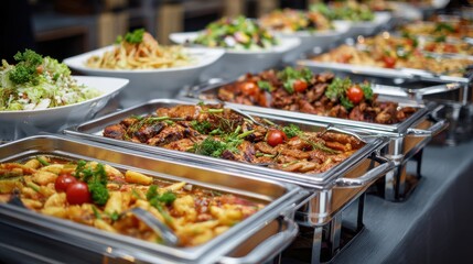 Stunning photo of catering company, office corporate canteen, assortment of dishes and snacks, buffet for a business party, serving dishes at the event.