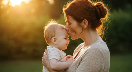 Mother with Baby in Golden Light Kissing Forehead Tenderly