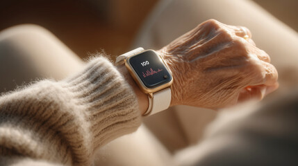 Senior Monitoring Heart Health with Smartwatch Technology