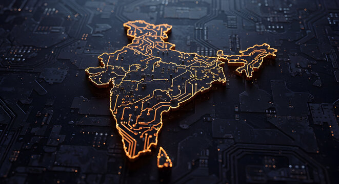 Digital circuit board patterns forming a map of India
