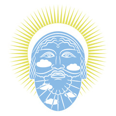 Solar deity. Face of antique bearded god as cloudy blue sky in shining sun nimbus. Creative mythological concept. Helios or Zeus.