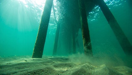 Underwater Chaos. An ultra-realistic underwater photograph from within a rip current. The water is murky with sand and bubbles, and the sunlight from above is diffused and chaotic.
