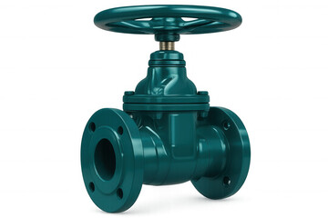 Industrial green valve wheel, metallic surface reflecting light, showcasing mechanical precision against transparent backdrop