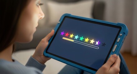 A young woman is holding a tablet computer with a loading bar and colorful stars displayed on the screen.