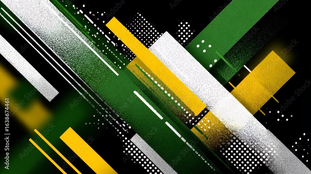 Poster black and white image with green and yellow lines and dots. the image has a modern and abstract feel