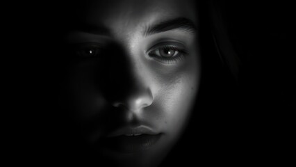 Ethereal Portrait: Woman's Face Emerges from Darkness in Monochrome