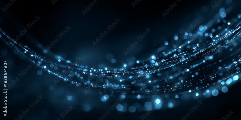 Poster blue line of sparkles with a dark background. the sparkles are small and scattered throughout the im