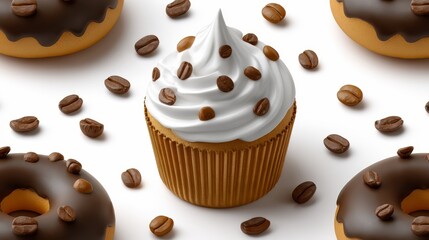 Fototapeta premium Cupcake with a white frosting and chocolate sprinkles on top. The cupcake is surrounded by a few chocolate donuts